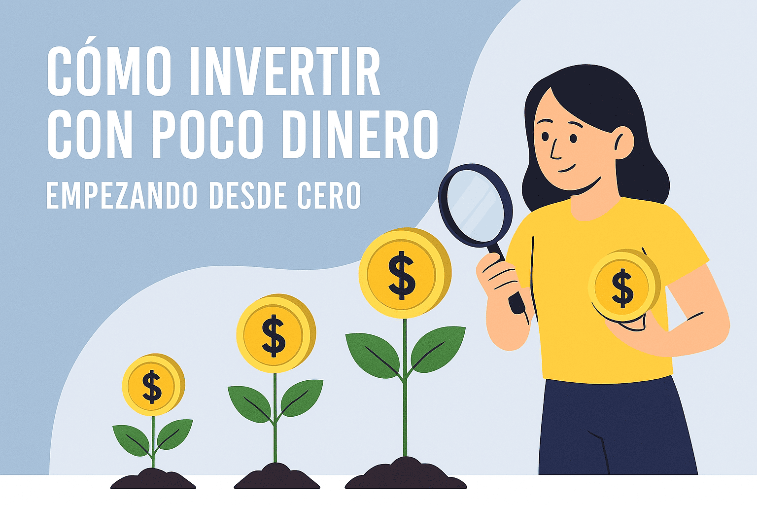 Persona joven con smartphone, alcancía y plantas con monedas, simbolizando cómo invertir con poco dinero empezando desde cero.