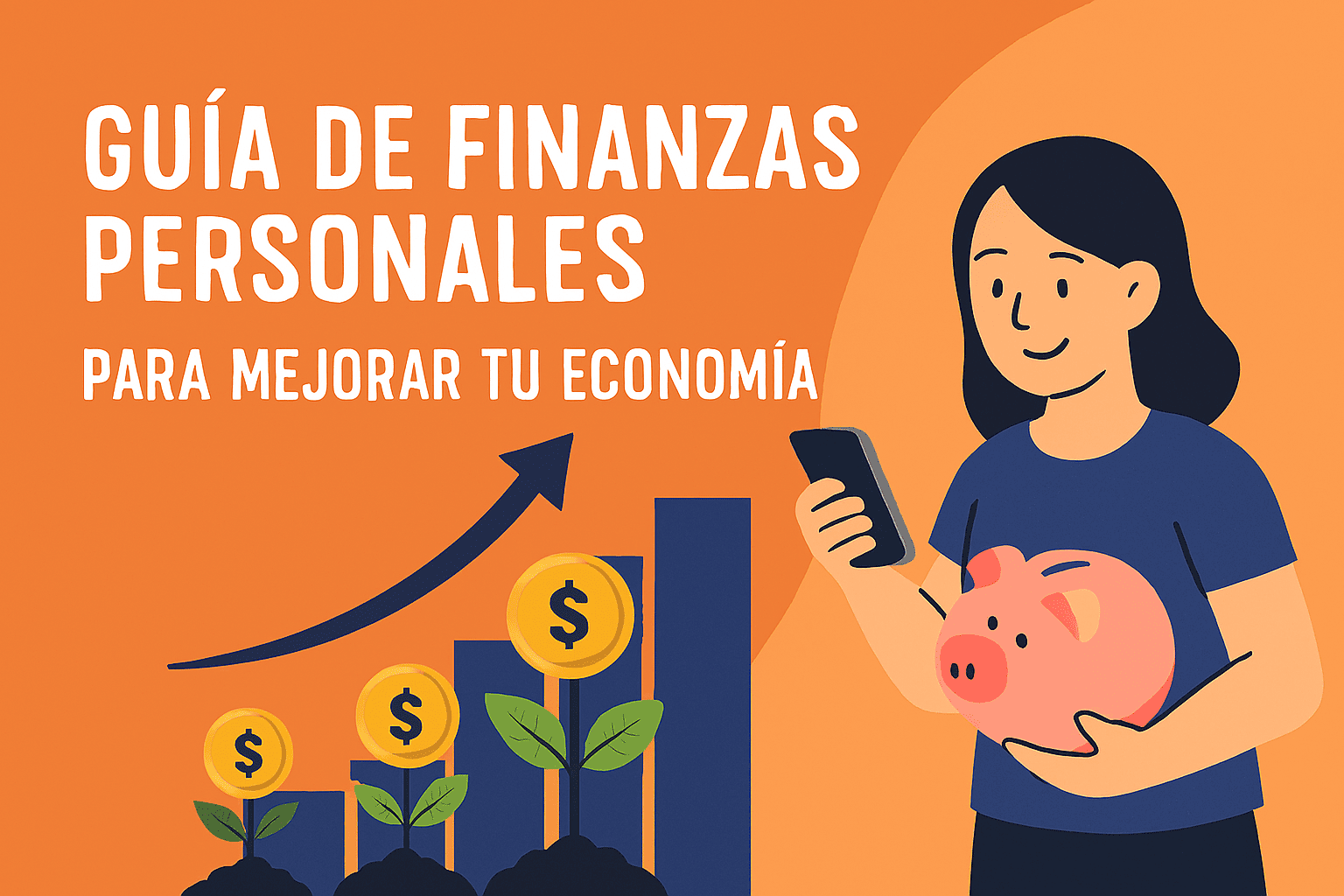 finanzas personales: persona revisando presupuesto en tablet, alcancía con monedas, plantas creciendo con monedas y flecha ascendente.